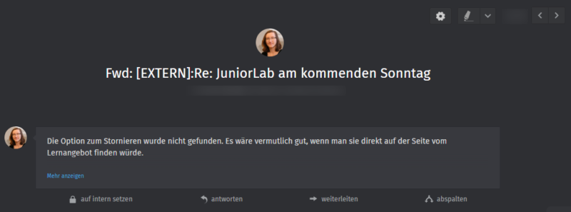 Helpdesk-Ticket, dass ein User nicht gefunden hat, wo man die Buchung stornieren kann.